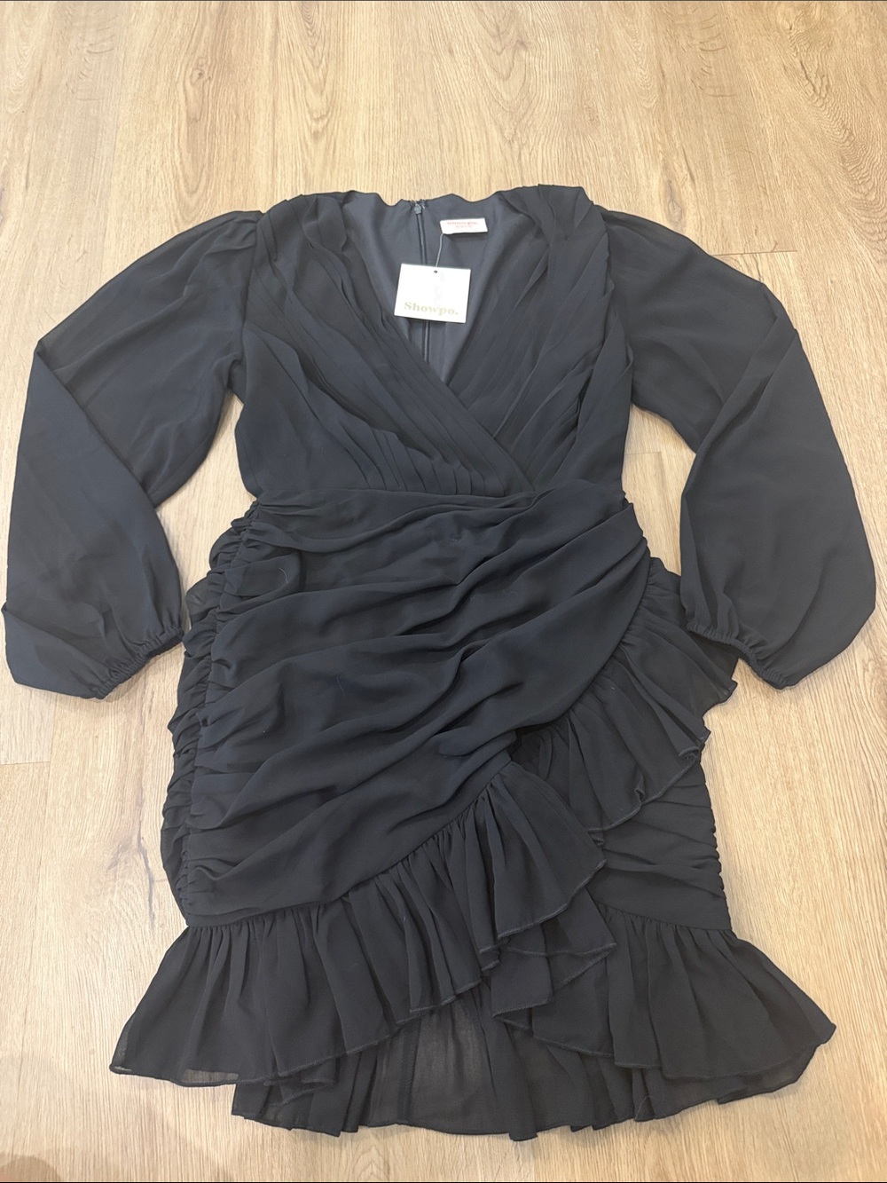 Showpo Black Long Sleeve Ruffle Wrap Dress